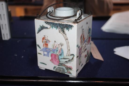 A Chinese famille rose square rice wine warmer, Tongzhi mark and period, some losses H.13cm